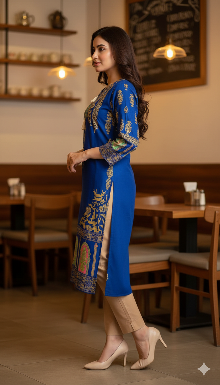 Stitched Linen 2-Piece set – Steam Golden Printed (Royal Blue) (52)