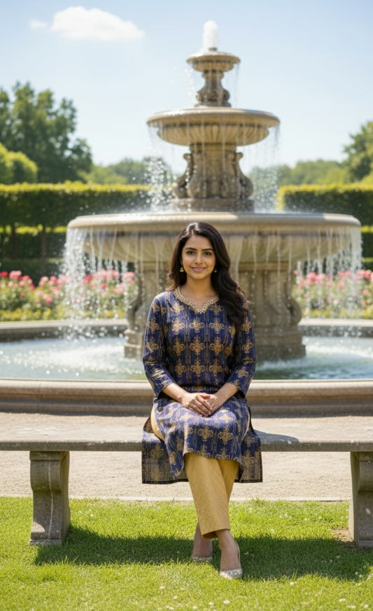 Stitched Cotton Frock with Embroidered Cotton Trouser – Steam Golden Printed 2-Piece Set (Navy Blue) (48)