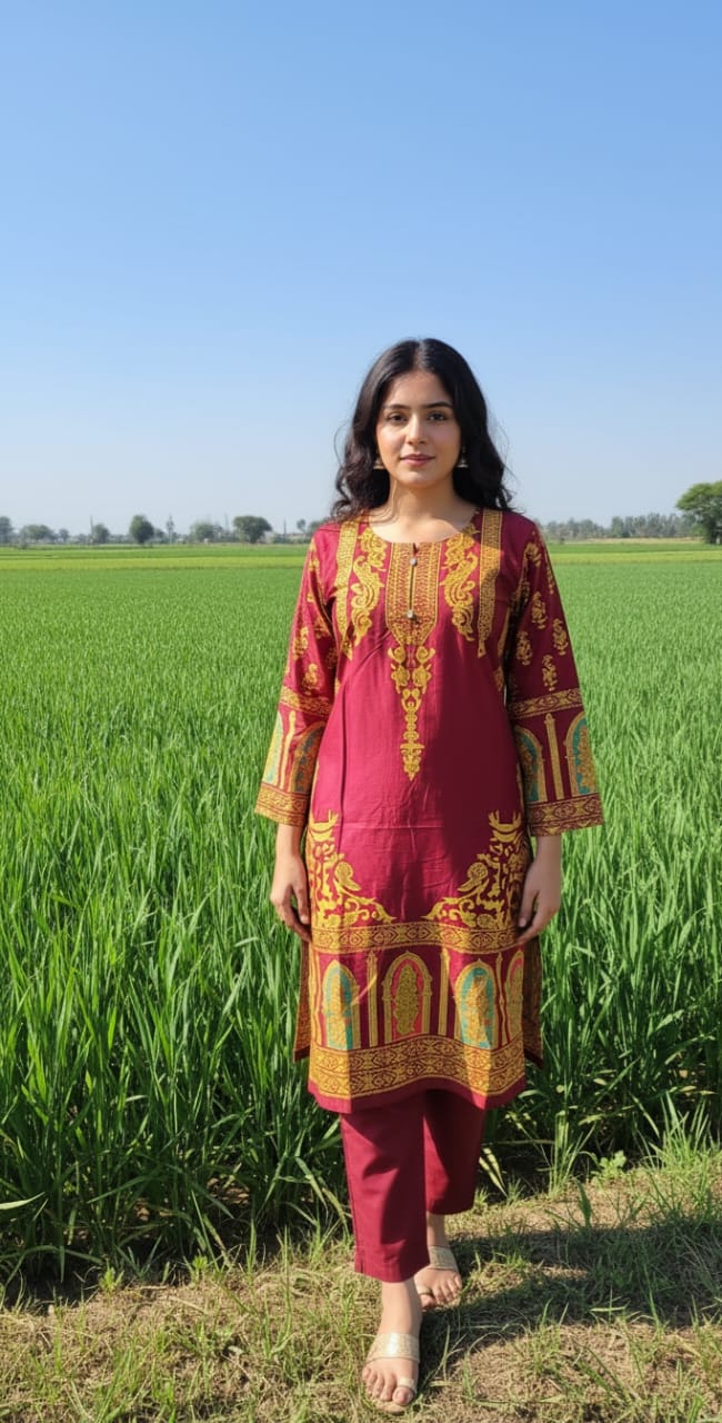 Stitched Linen 2-Piece set – Steam Golden Printed (Meroon) (65)