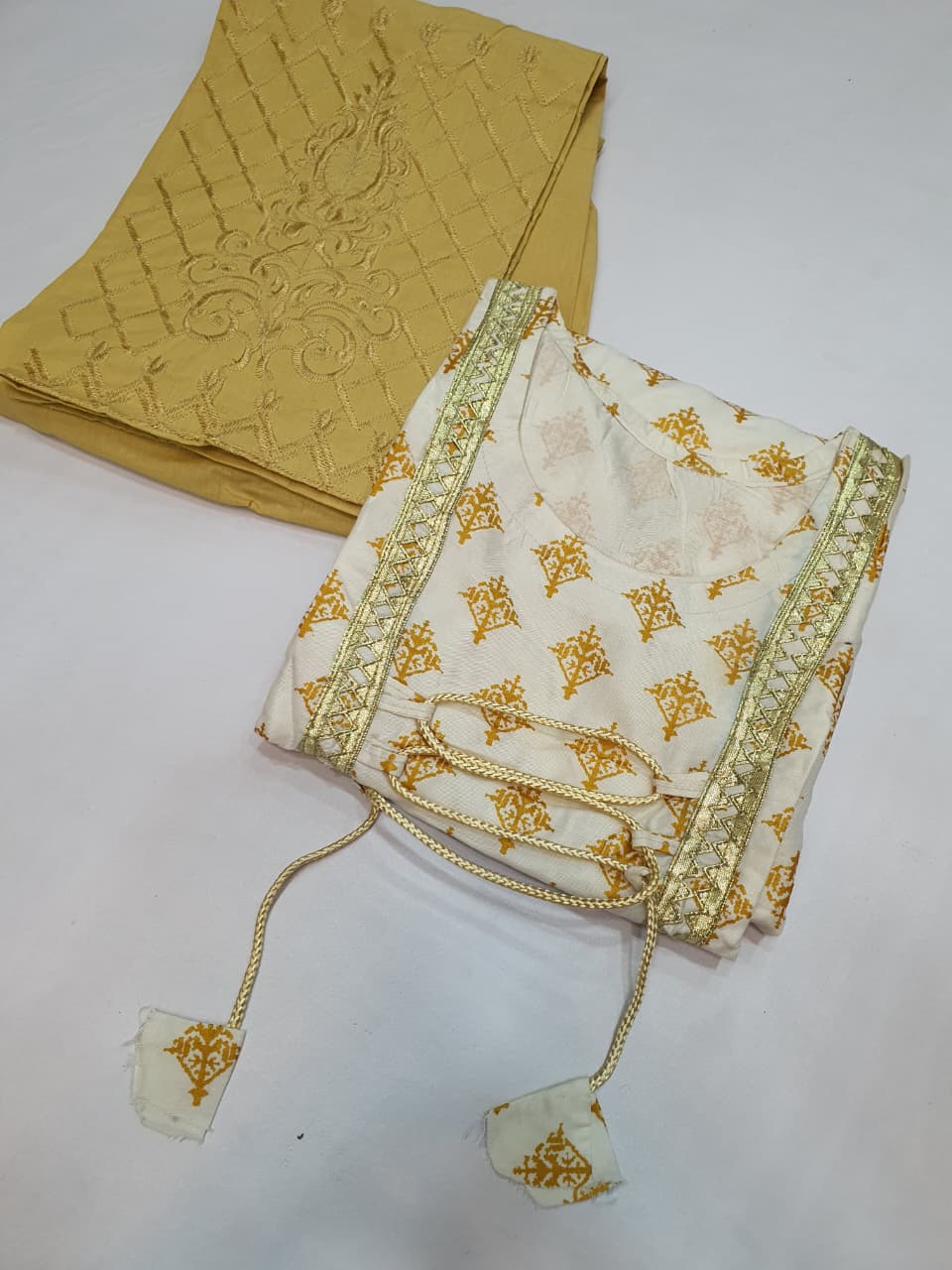 Stitched Cotton Frock with Embroidered Cotton Trouser – Steam Golden Printed 2-Piece Set (White) (50)