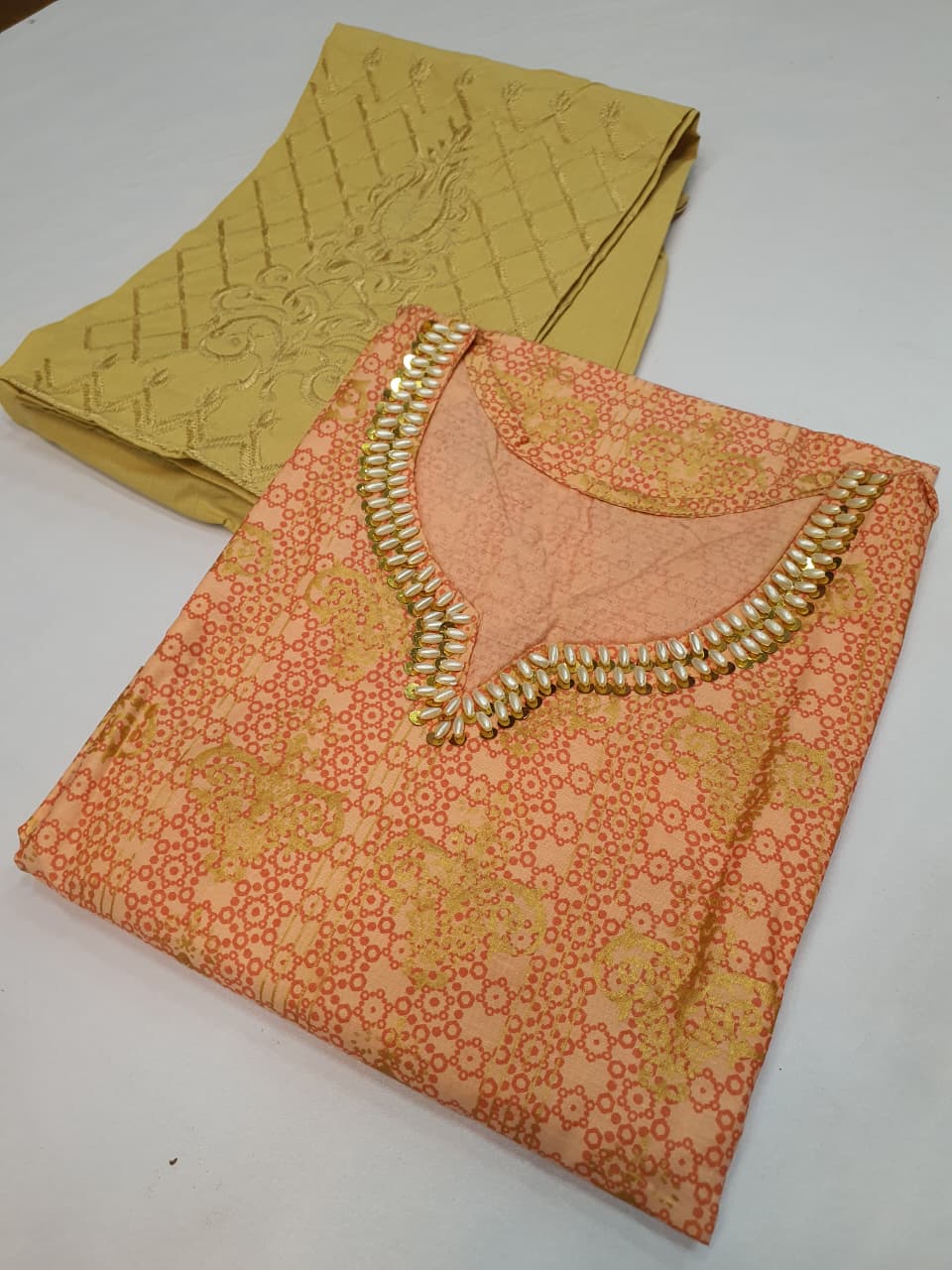 Stitched Cotton Frock with Embroidered Cotton Trouser – Steam Golden Printed 2-Piece Set (PEACH) (47)