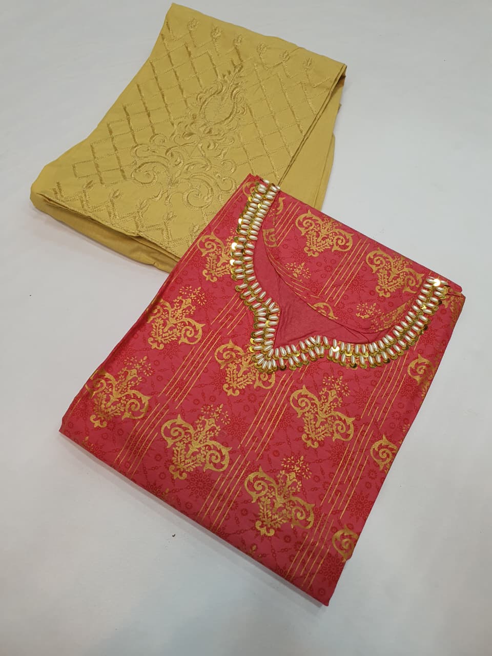 Stitched Cotton Frock with Embroidered Cotton Trouser – Steam Golden Printed 2-Piece Set (PINK) (58)