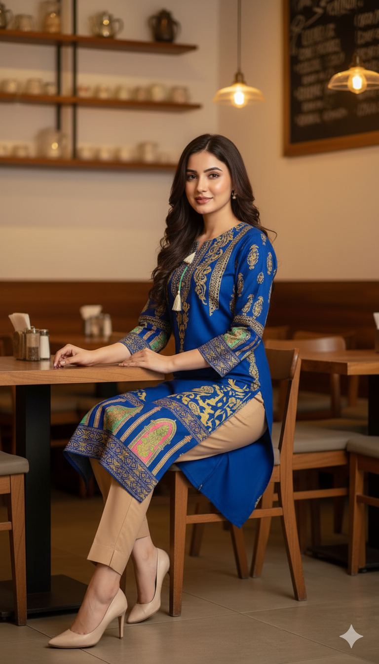 Stitched Linen 2-Piece set – Steam Golden Printed (Royal Blue) (52)