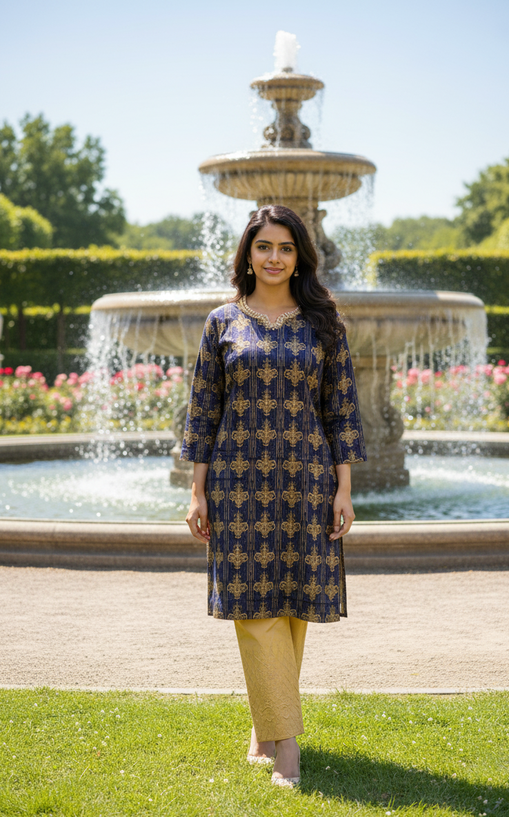 Stitched Cotton Frock with Embroidered Cotton Trouser – Steam Golden Printed 2-Piece Set (Navy Blue) (48)