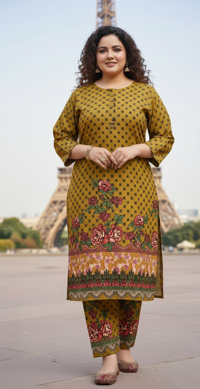 Elegant Stitched Printed Linen Dress – Large Size | Ready to Wear (1)