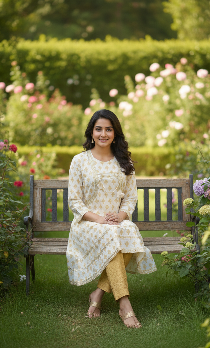 Stitched Cotton Frock with Embroidered Cotton Trouser – Steam Golden Printed 2-Piece Set (White) (50)