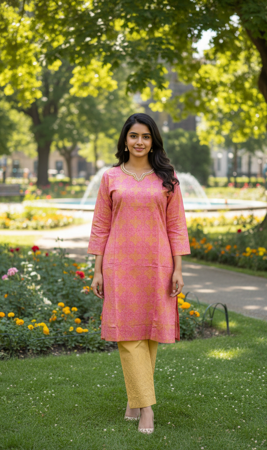 Stitched Cotton Frock with Embroidered Cotton Trouser – Steam Golden Printed 2-Piece Set (Charm Pink) (54)