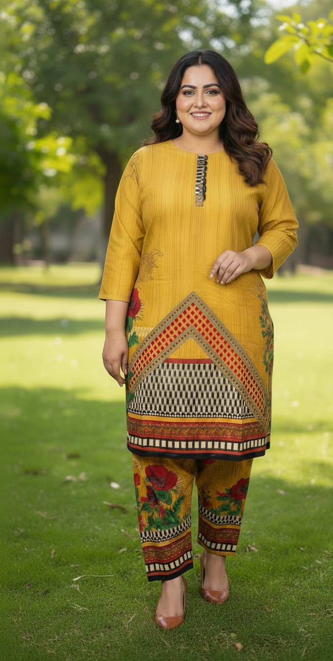 Elegant Stitched Printed Linen Dress – Large Size | Ready to Wear (6)