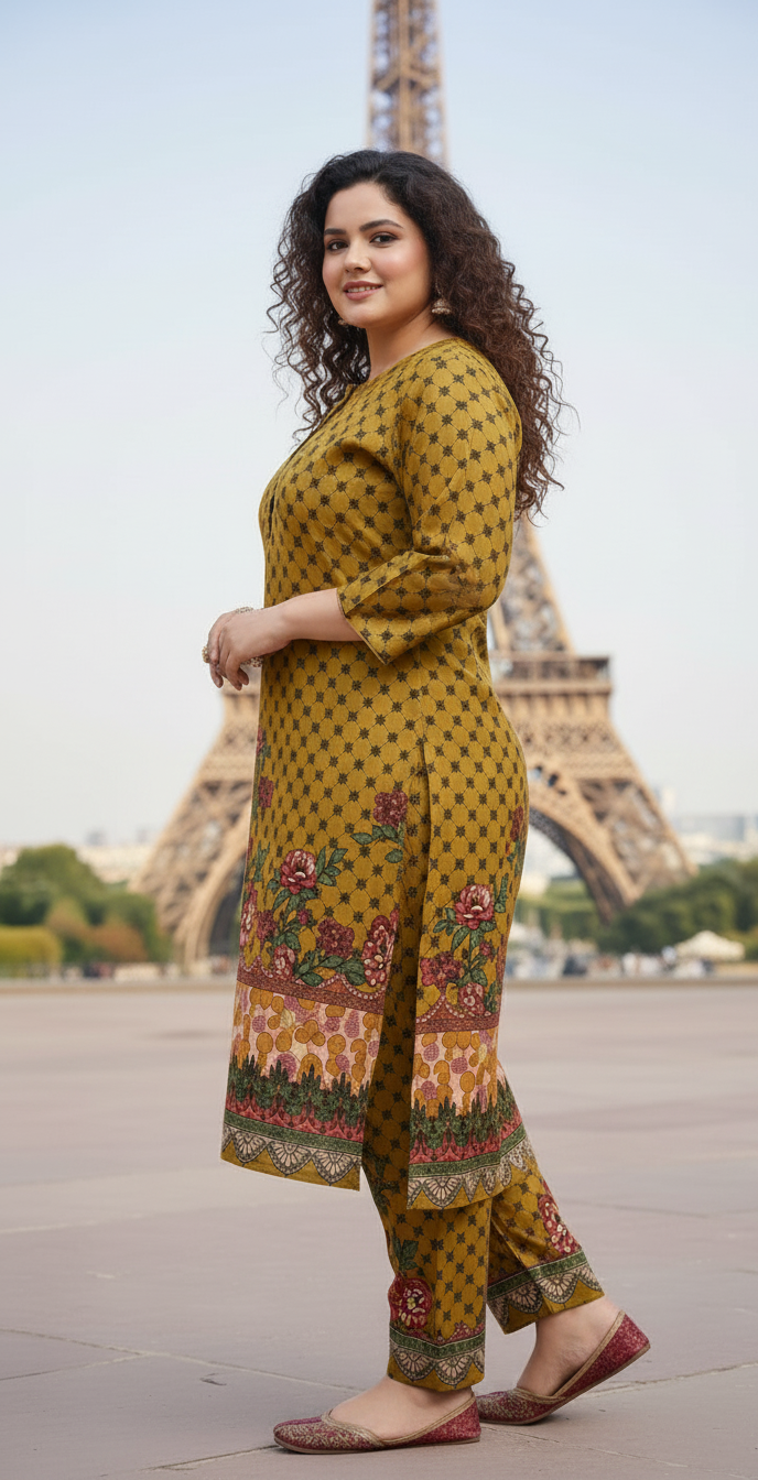 Elegant Stitched Printed Linen Dress – Large Size | Ready to Wear (1)