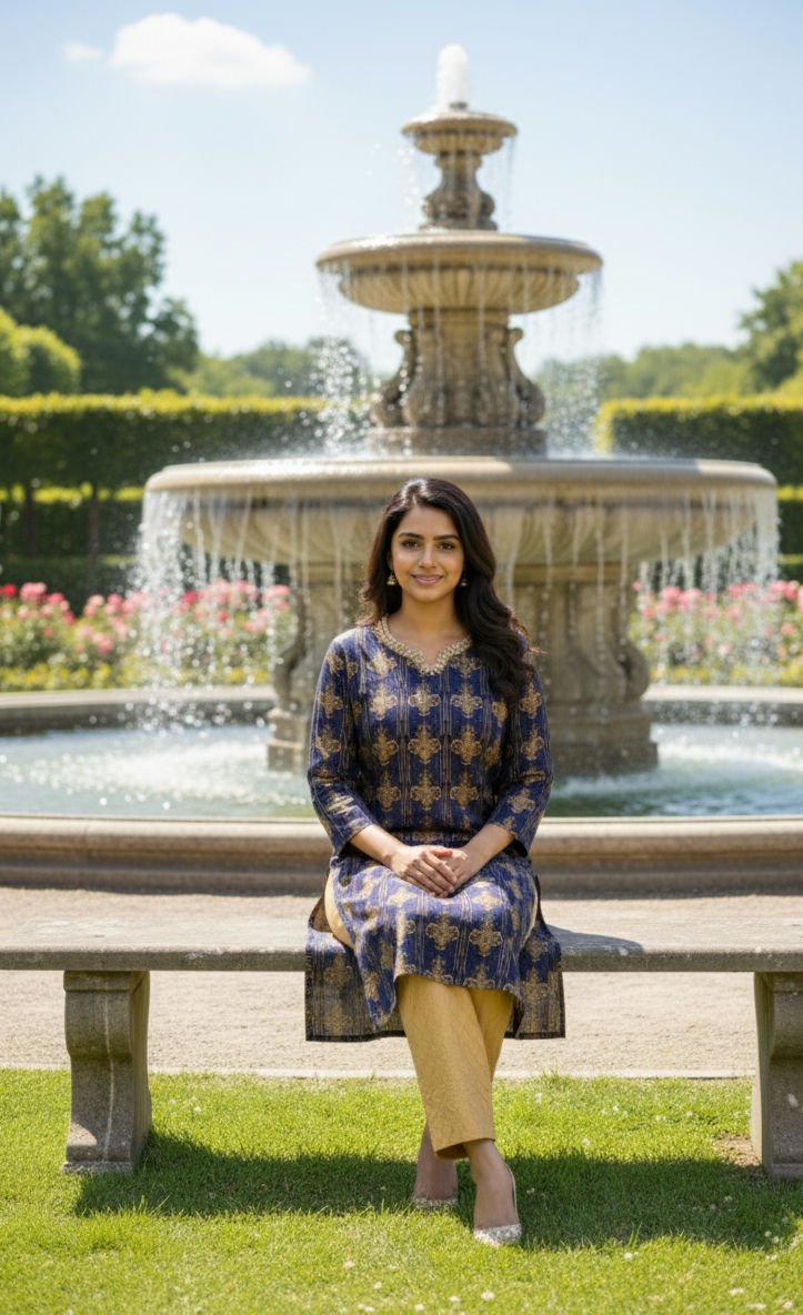 Stitched Cotton Frock with Embroidered Cotton Trouser – Steam Golden Printed 2-Piece Set (Navy Blue) (48)