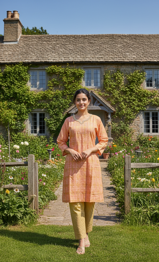 Stitched Cotton Frock with Embroidered Cotton Trouser – Steam Golden Printed 2-Piece Set (PEACH) (47)