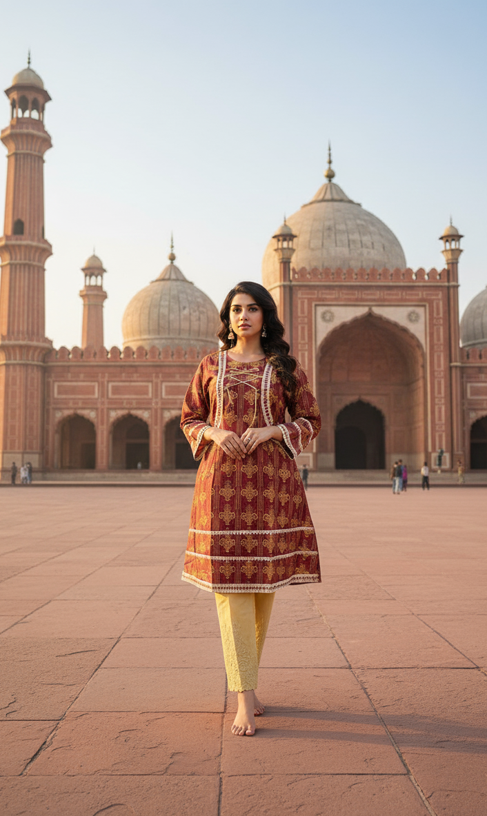 Stitched Cotton Frock with Embroidered Cotton Trouser – Steam Golden Printed 2-Piece Set (Meroon) (51)