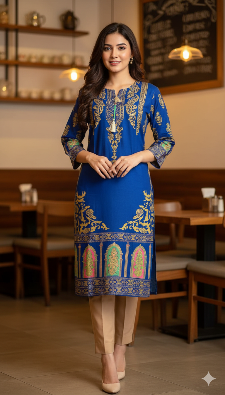 Stitched Linen 2-Piece set – Steam Golden Printed (Royal Blue) (52)