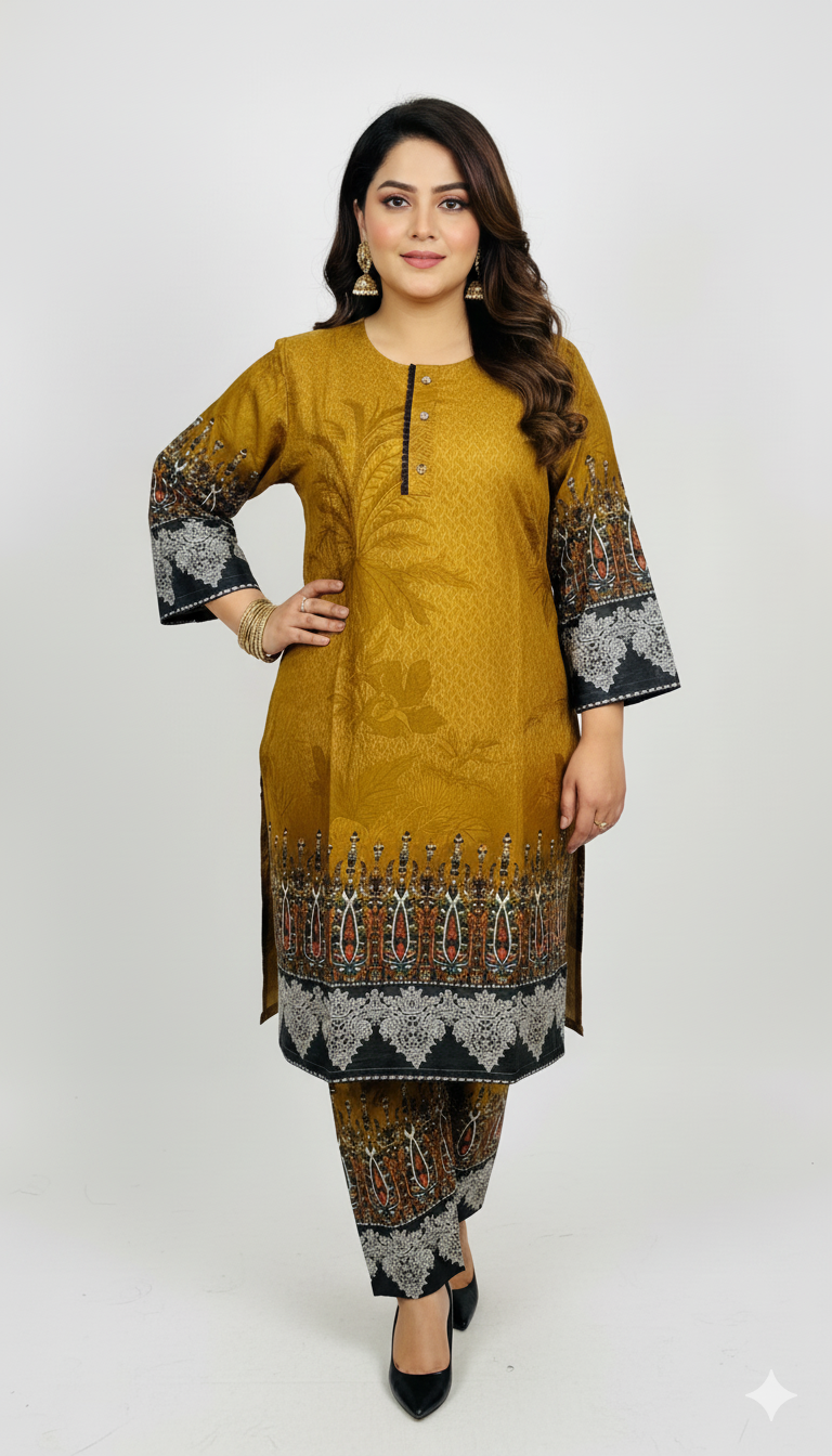 Elegant Stitched Printed Linen Dress – Large Size | Ready to Wear (10)
