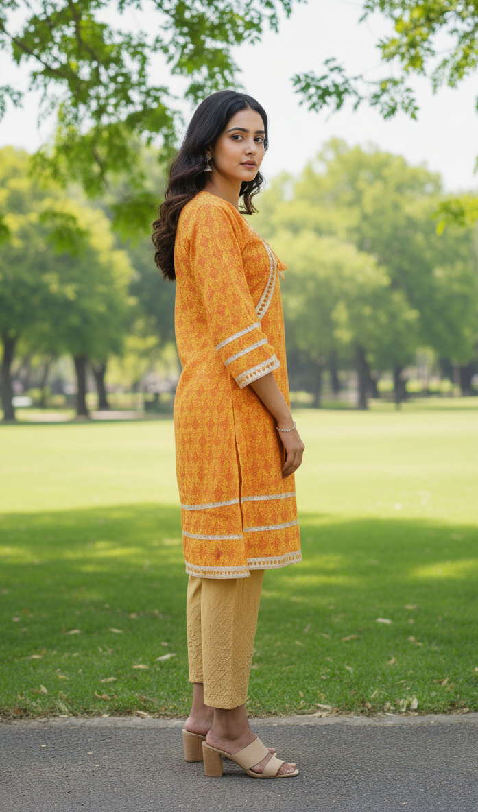 Stitched Cotton Frock with Embroidered Cotton Trouser – Steam Golden Printed 2-Piece Set (Lemon Yellow) (57)
