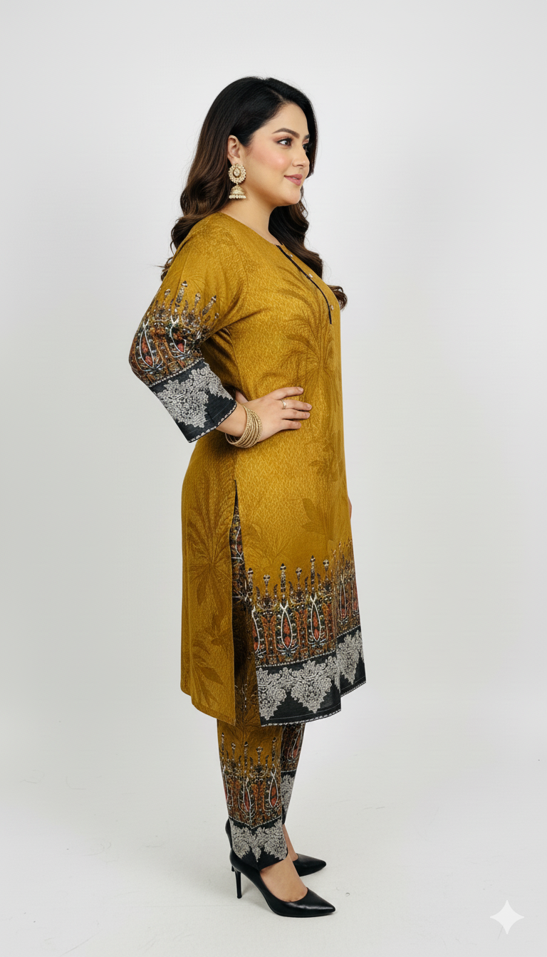 Elegant Stitched Printed Linen Dress – Large Size | Ready to Wear (10)