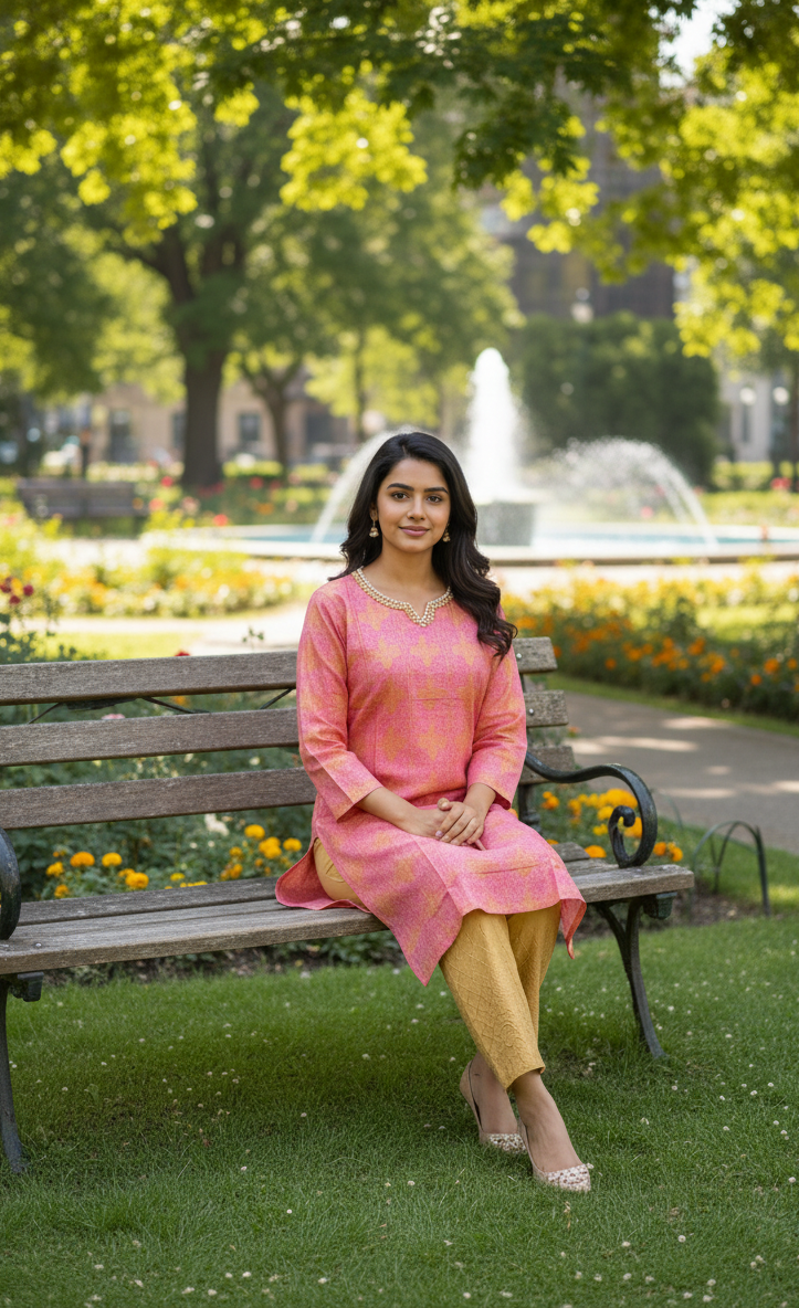 Stitched Cotton Frock with Embroidered Cotton Trouser – Steam Golden Printed 2-Piece Set (Charm Pink) (54)