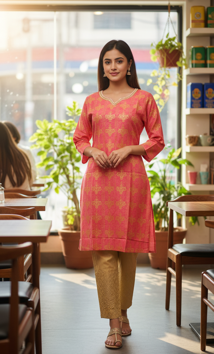 Stitched Cotton Frock with Embroidered Cotton Trouser – Steam Golden Printed 2-Piece Set (PINK) (58)
