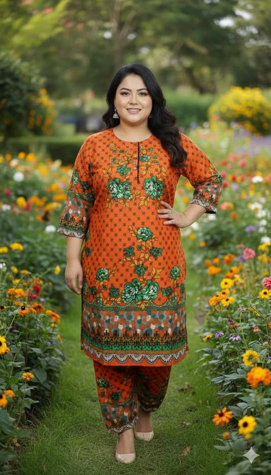 Elegant Stitched Printed Linen Dress – Large Size | Ready to Wear (9)