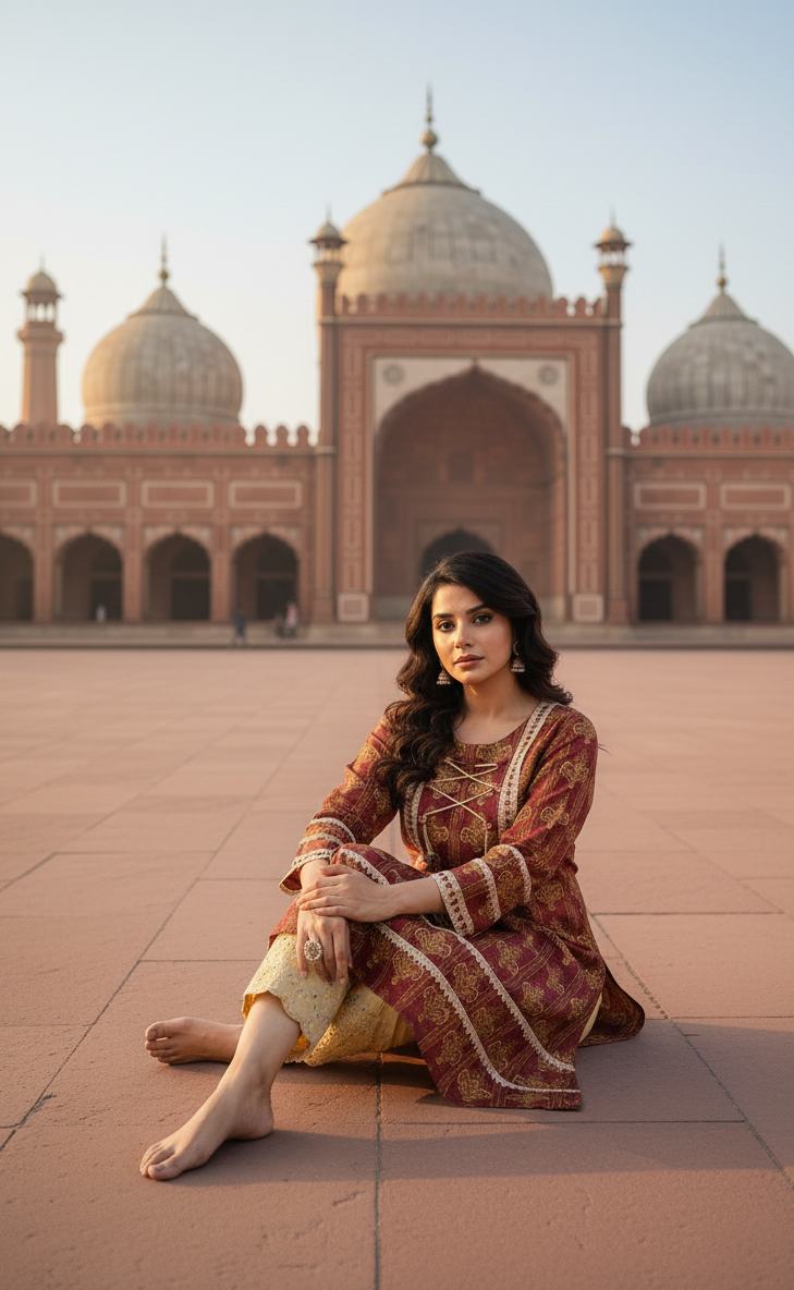 Stitched Cotton Frock with Embroidered Cotton Trouser – Steam Golden Printed 2-Piece Set (Meroon) (51)