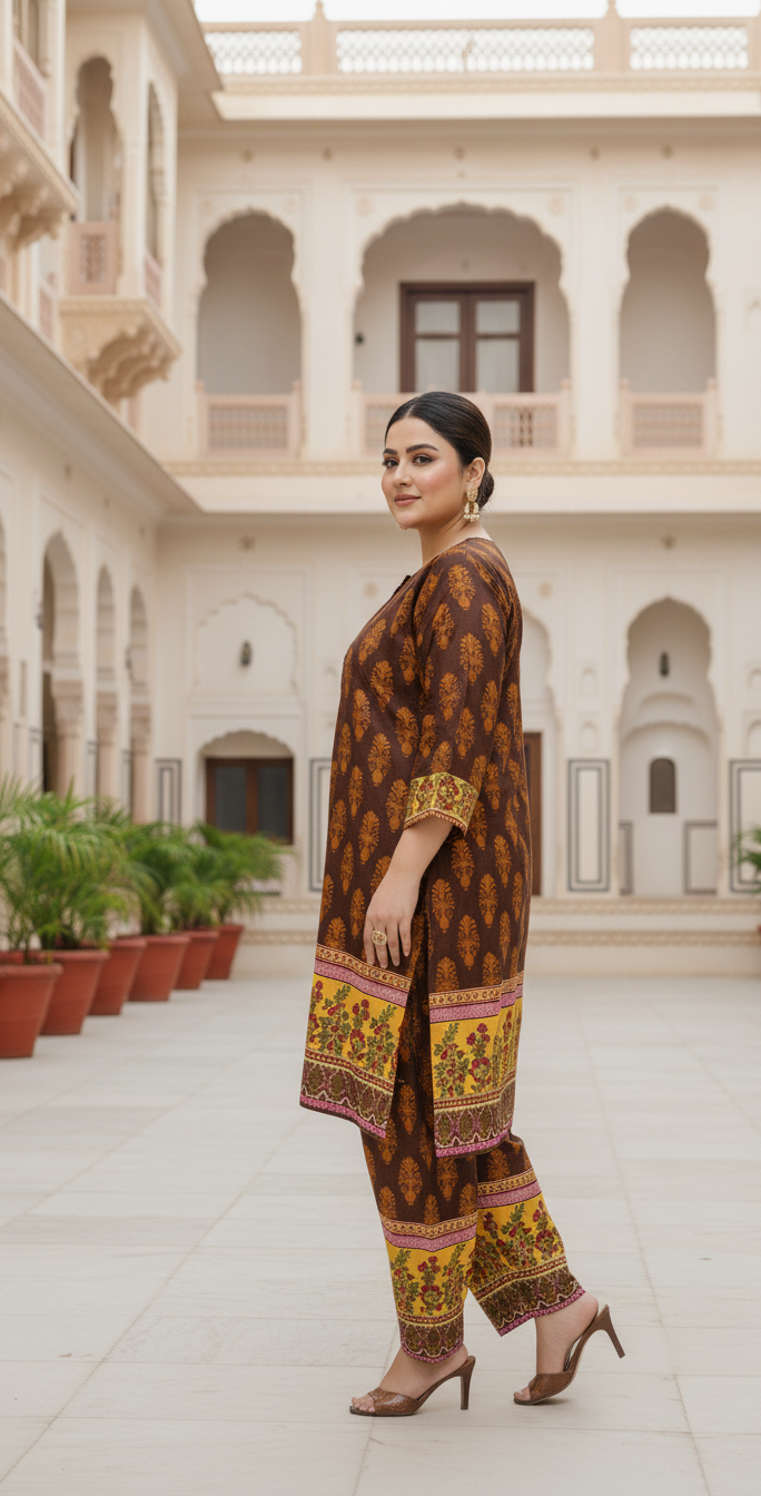 Elegant Stitched Printed Linen Dress – Large Size | Ready to Wear (4)