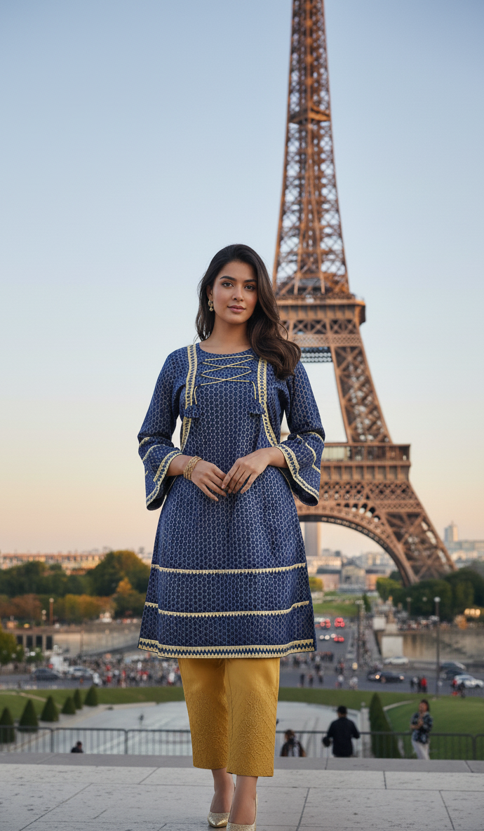 Stitched Cotton Frock with Embroidered Cotton Trouser – Steam Golden Printed 2-Piece Set (PINK) (59)