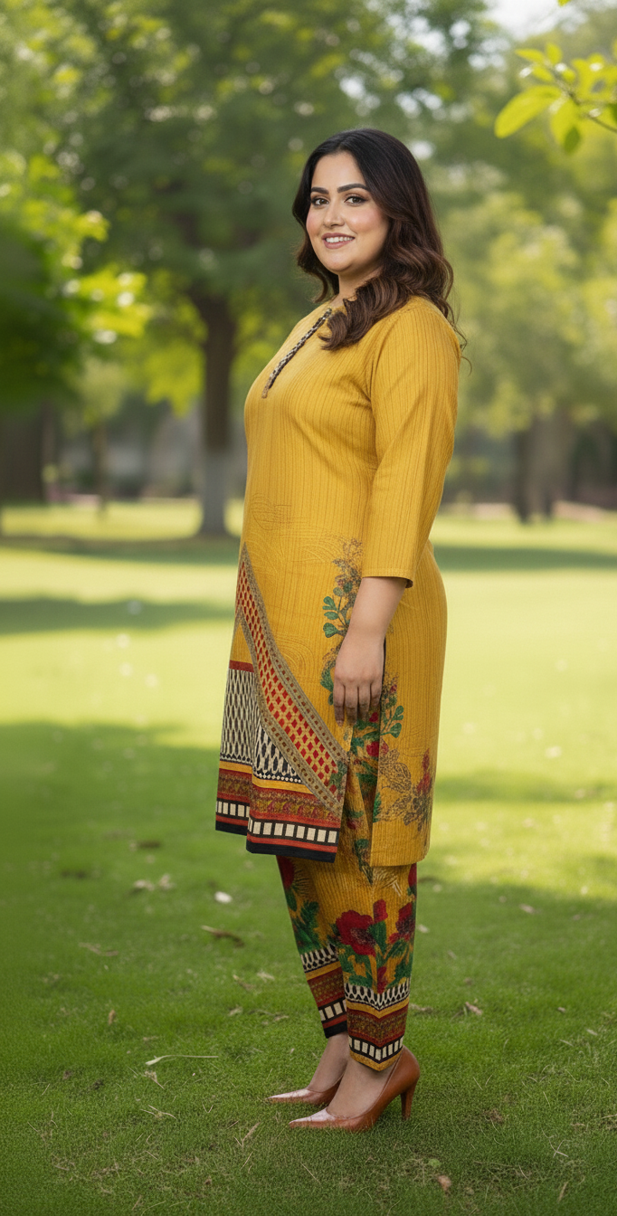 Elegant Stitched Printed Linen Dress – Large Size | Ready to Wear (6)