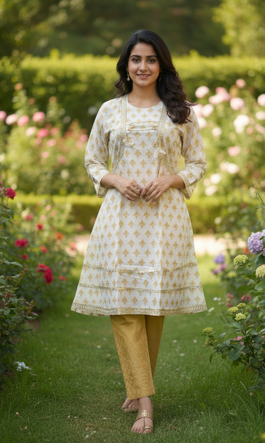 Stitched Cotton Frock with Embroidered Cotton Trouser – Steam Golden Printed 2-Piece Set (White) (50)
