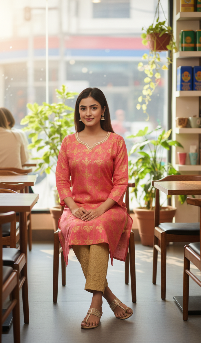 Stitched Cotton Frock with Embroidered Cotton Trouser – Steam Golden Printed 2-Piece Set (PINK) (58)