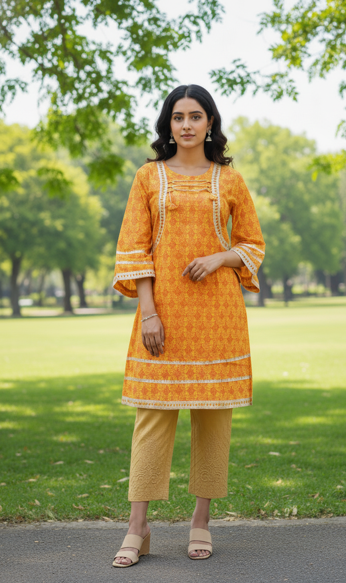 Stitched Cotton Frock with Embroidered Cotton Trouser – Steam Golden Printed 2-Piece Set (Lemon Yellow) (57)