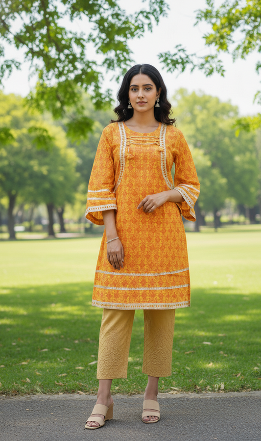 Stitched Cotton Frock with Embroidered Cotton Trouser – Steam Golden Printed 2-Piece Set (Lemon Yellow) (57)