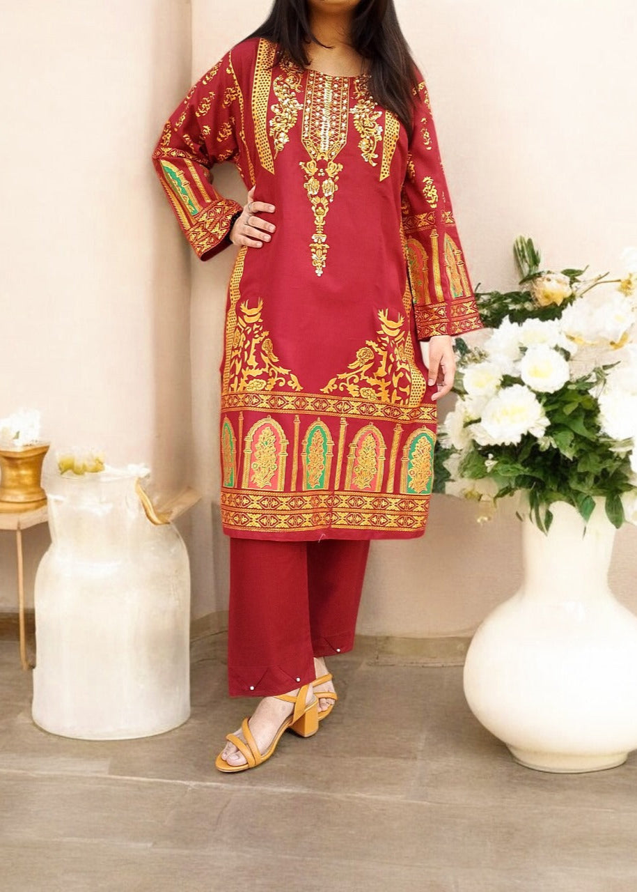 Classy Summer Arabic Lenan 2-Piece Suit (Mehroon)