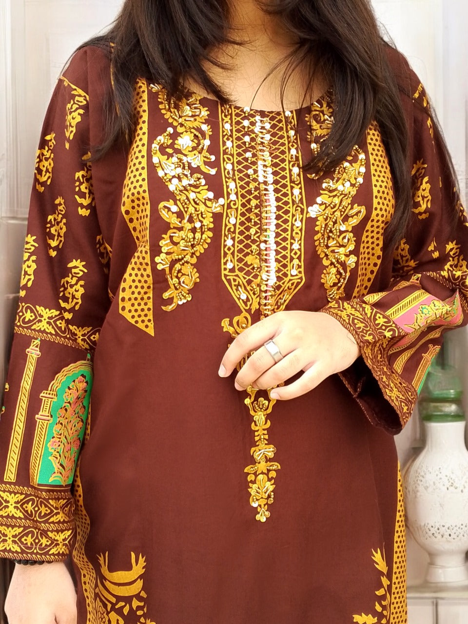 Classy Summer Arabic Lenan 2-Piece Suit (Brown)
