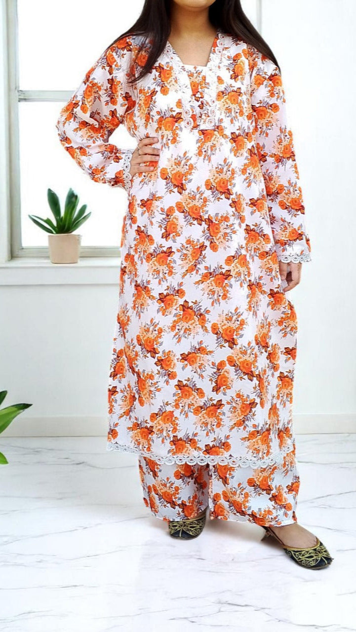 Cotton 2-Piece Stitched Set with Elegant Lace Detailing – Long Length Outfit