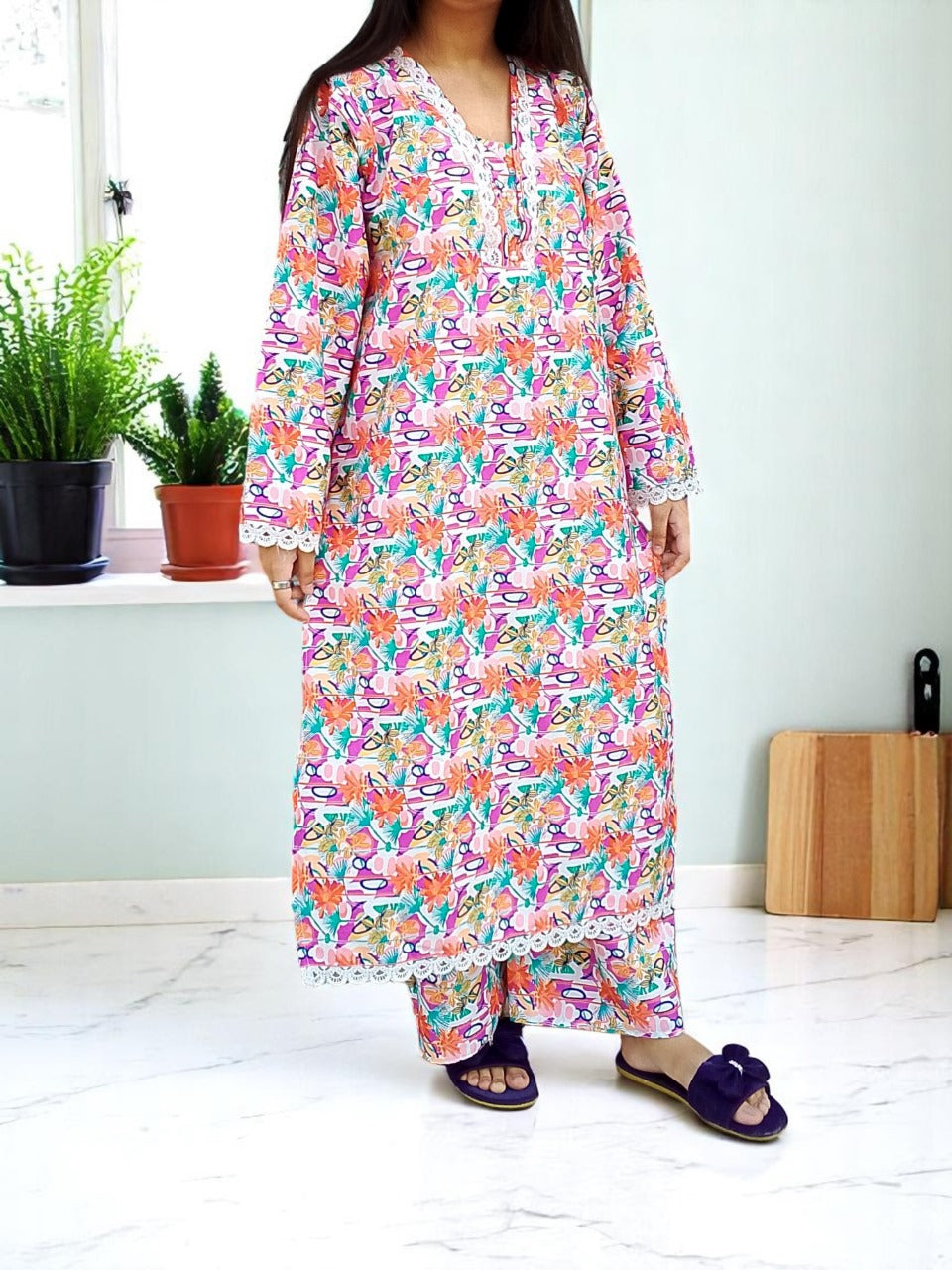 Cotton 2-Piece Stitched Set with Elegant Lace Detailing – Long Length Outfit