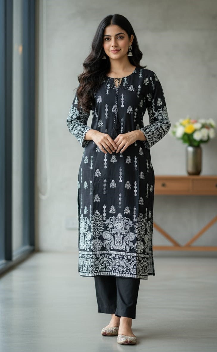 Steam Printed Linen 2-Piece Outfit for Girls (BLACK WHITE) (63)