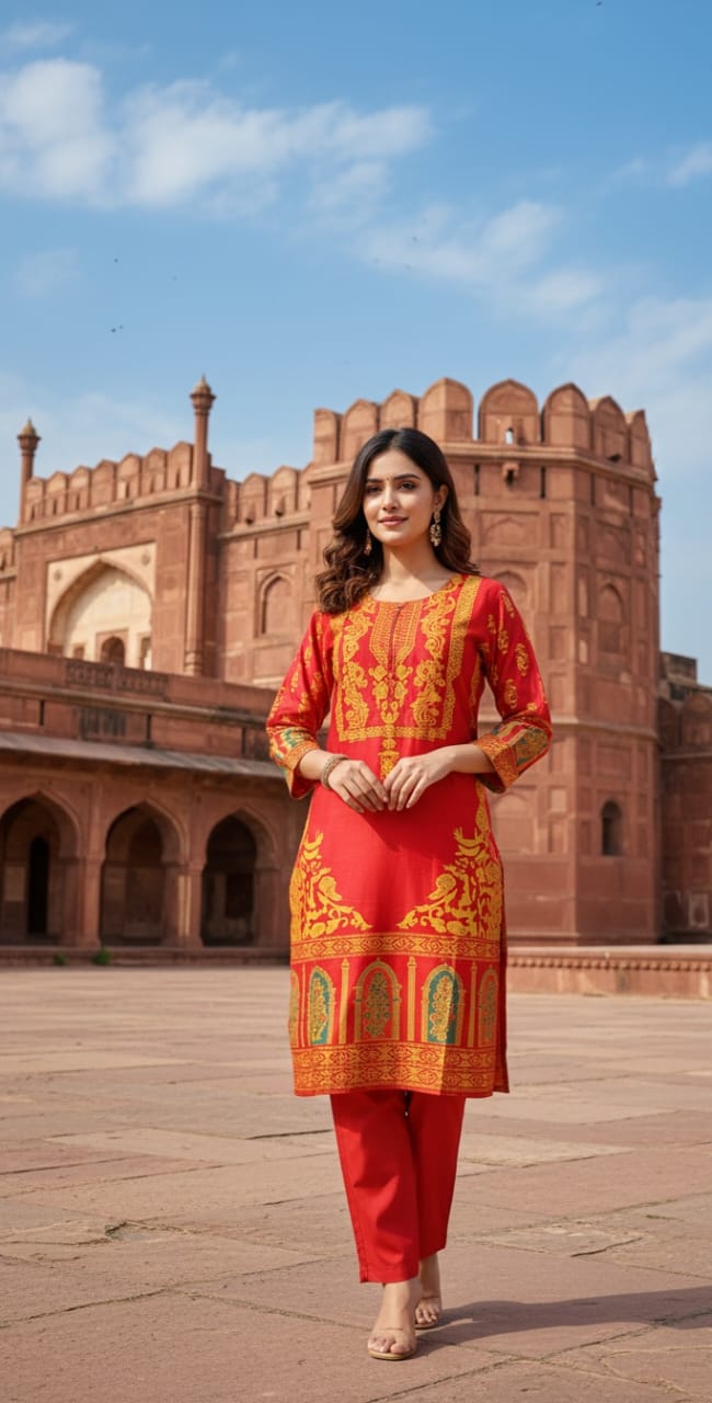 Stitched Linen 2-Piece set – Steam Golden Printed (Red) (62)