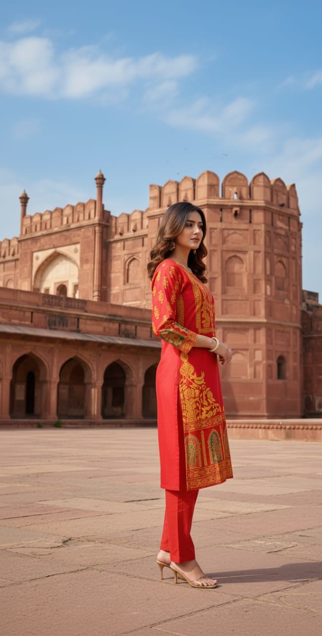 Stitched Linen 2-Piece set – Steam Golden Printed (Red) (62)