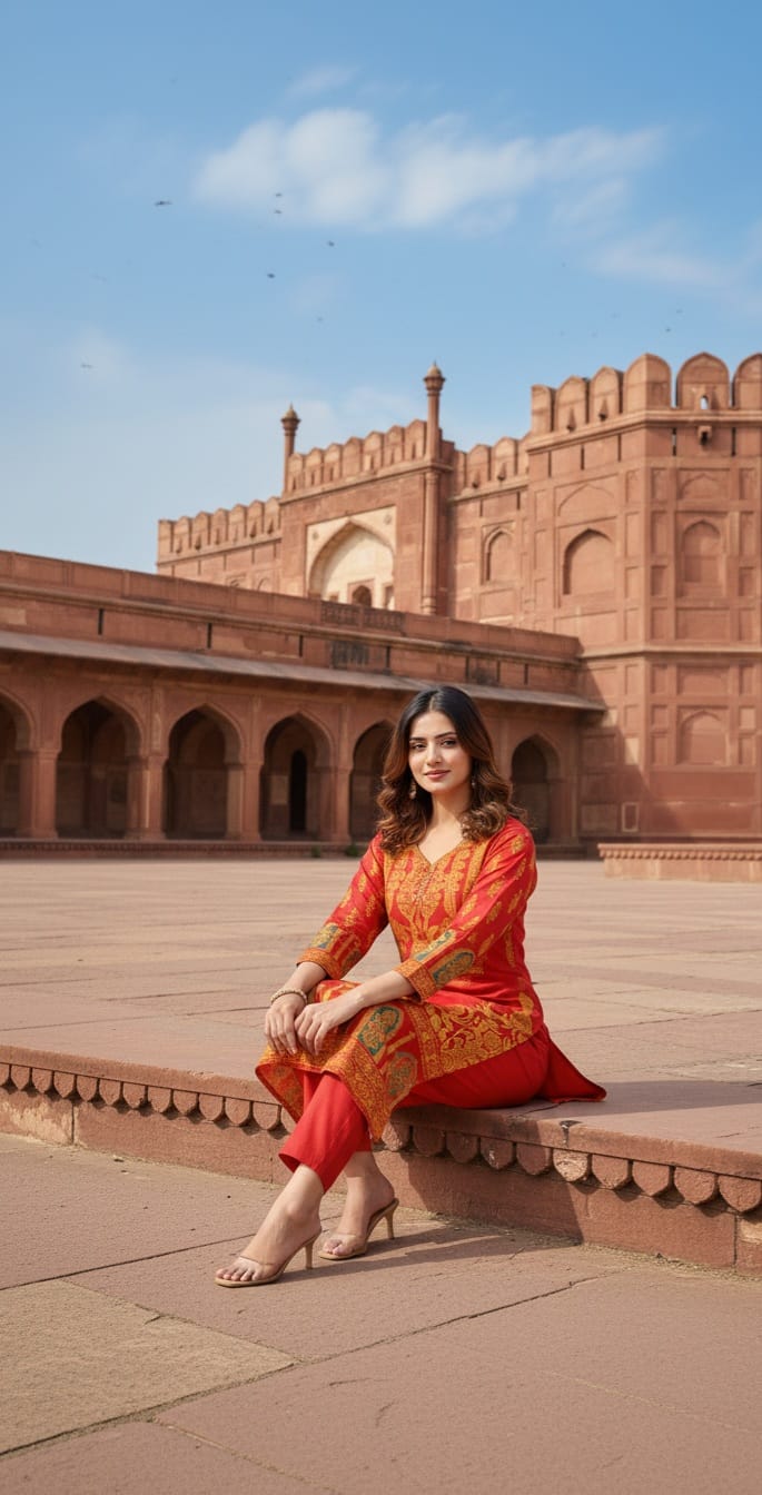 Stitched Linen 2-Piece set – Steam Golden Printed (Red) (62)