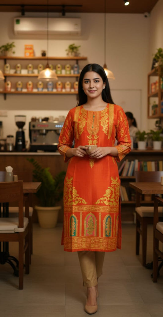 Stitched Linen 2-Piece set – Steam Golden Printed (Musturd) (64)