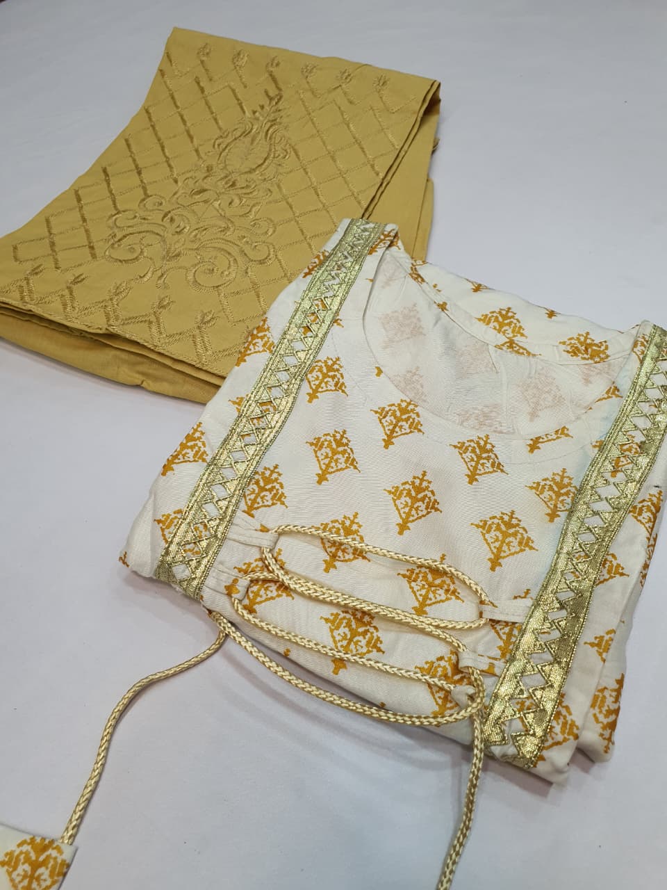 Stitched Cotton Frock with Embroidered Cotton Trouser – Steam Golden Printed 2-Piece Set (White) (50)