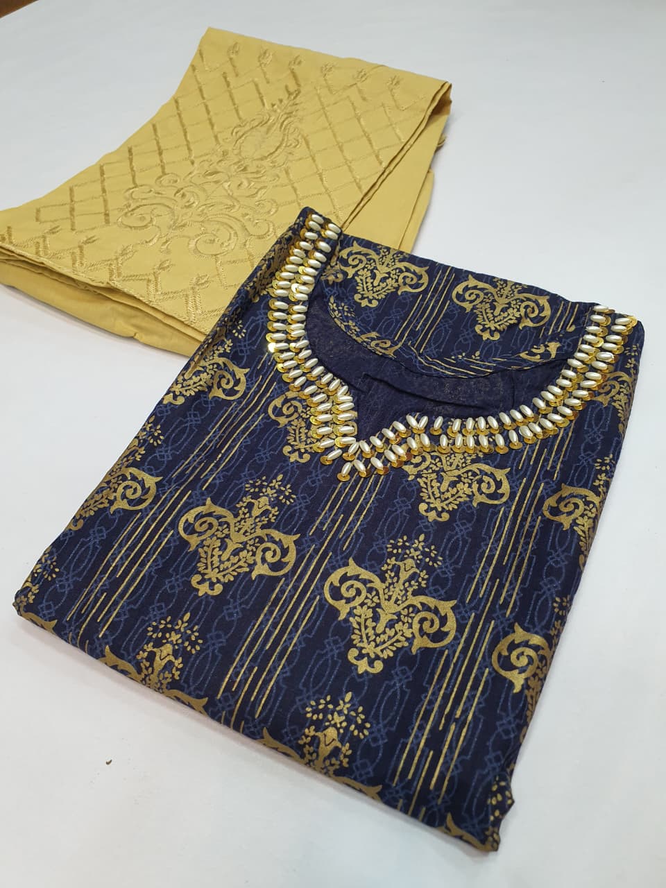 Stitched Cotton Frock with Embroidered Cotton Trouser – Steam Golden Printed 2-Piece Set (Navy Blue) (48)