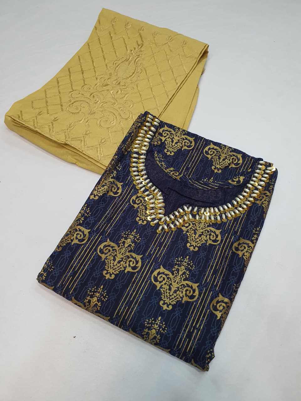 Stitched Cotton Frock with Embroidered Cotton Trouser – Steam Golden Printed 2-Piece Set (Navy Blue) (48)