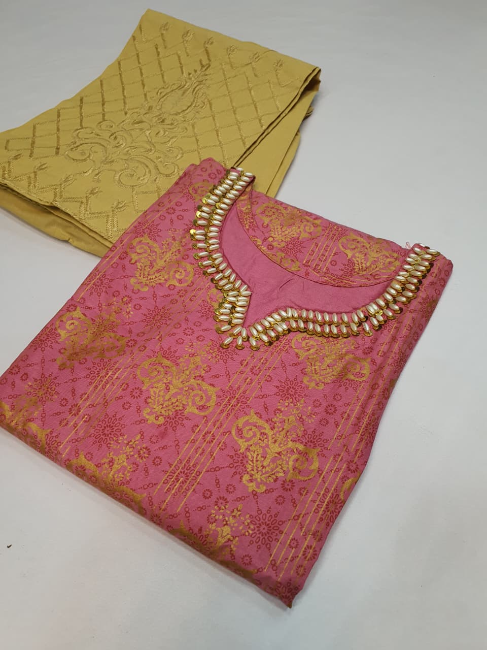 Stitched Cotton Frock with Embroidered Cotton Trouser – Steam Golden Printed 2-Piece Set (Charm Pink) (54)