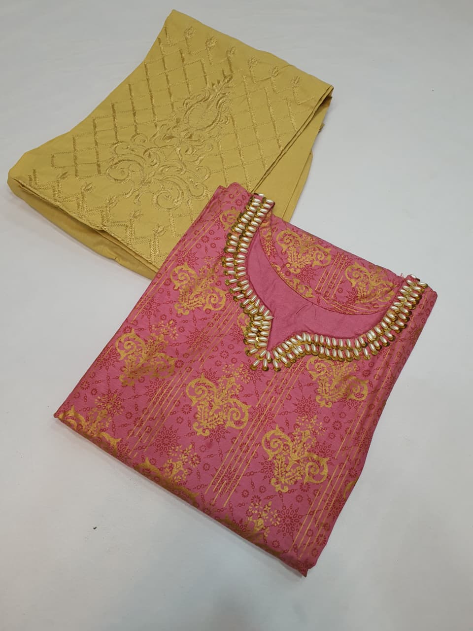 Stitched Cotton Frock with Embroidered Cotton Trouser – Steam Golden Printed 2-Piece Set (Charm Pink) (54)