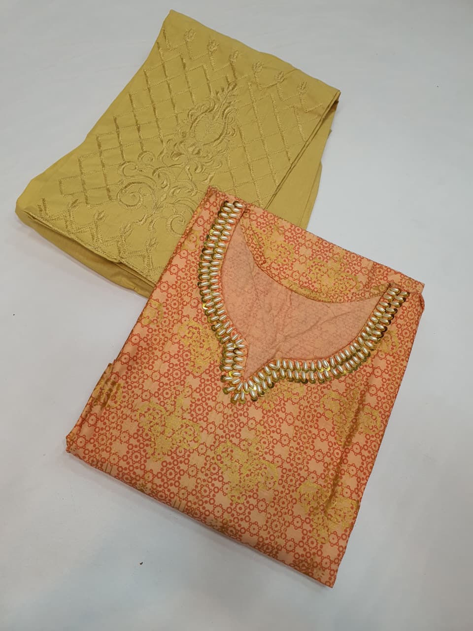 Stitched Cotton Frock with Embroidered Cotton Trouser – Steam Golden Printed 2-Piece Set (PEACH) (47)