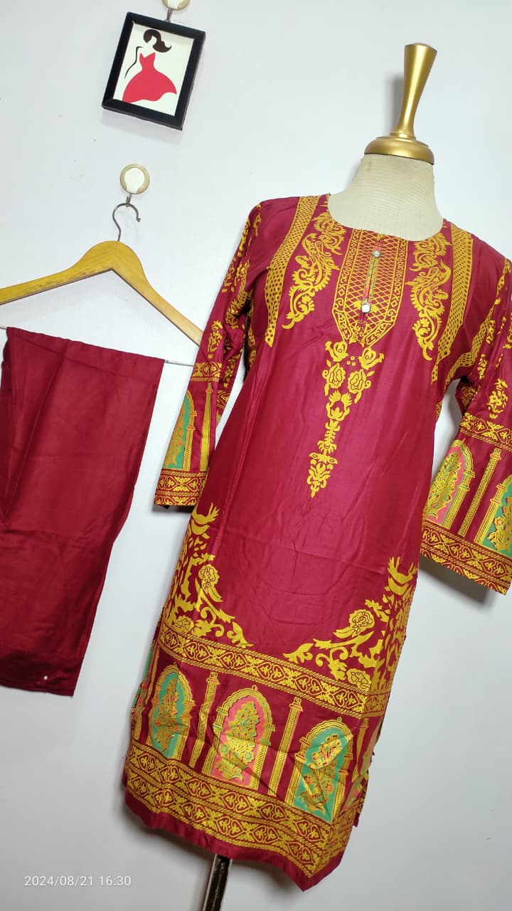 Classy Summer Arabic Lenan 2-Piece Suit (Mehroon)