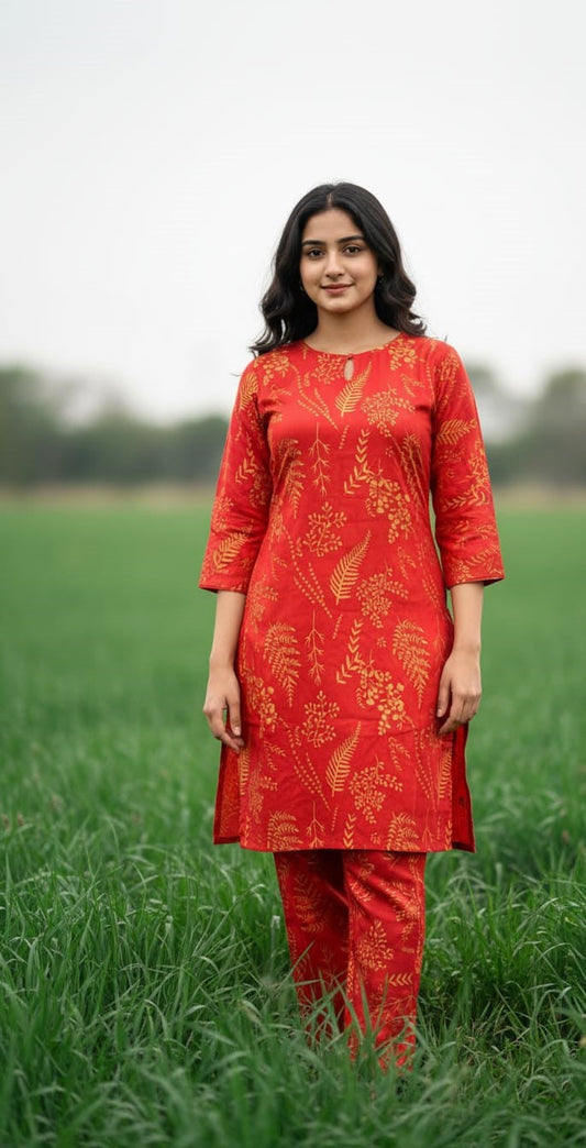 Petal Design Summer Linen Suit – Trendy & Lightweight (Red)