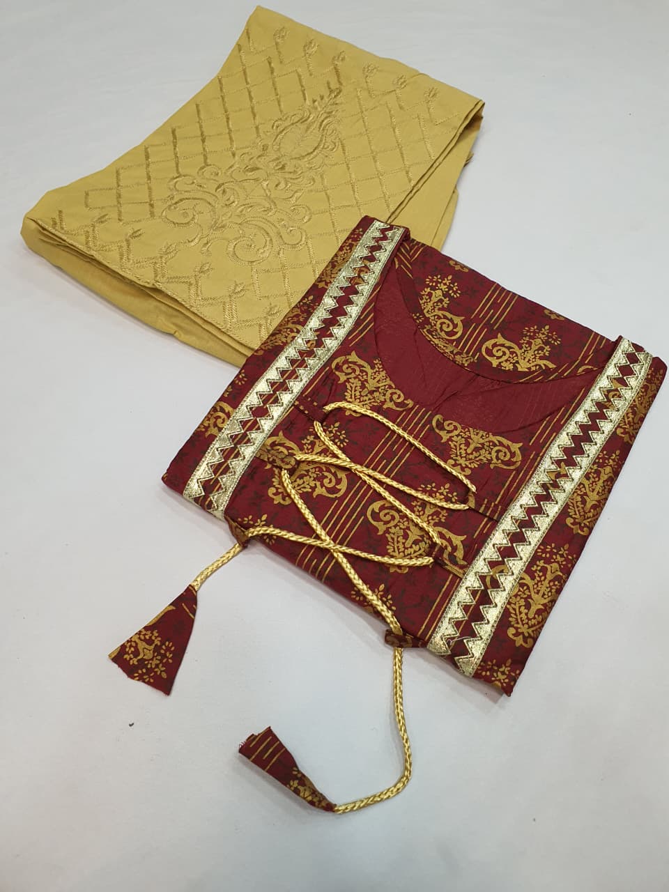 Stitched Cotton Frock with Embroidered Cotton Trouser – Steam Golden Printed 2-Piece Set (Meroon) (51)