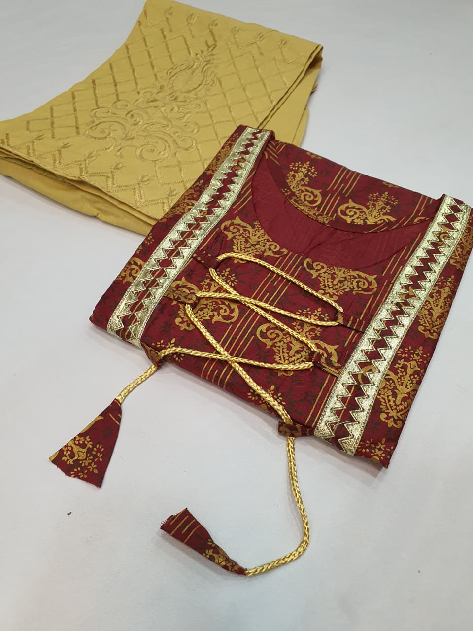 Stitched Cotton Frock with Embroidered Cotton Trouser – Steam Golden Printed 2-Piece Set (Meroon) (51)